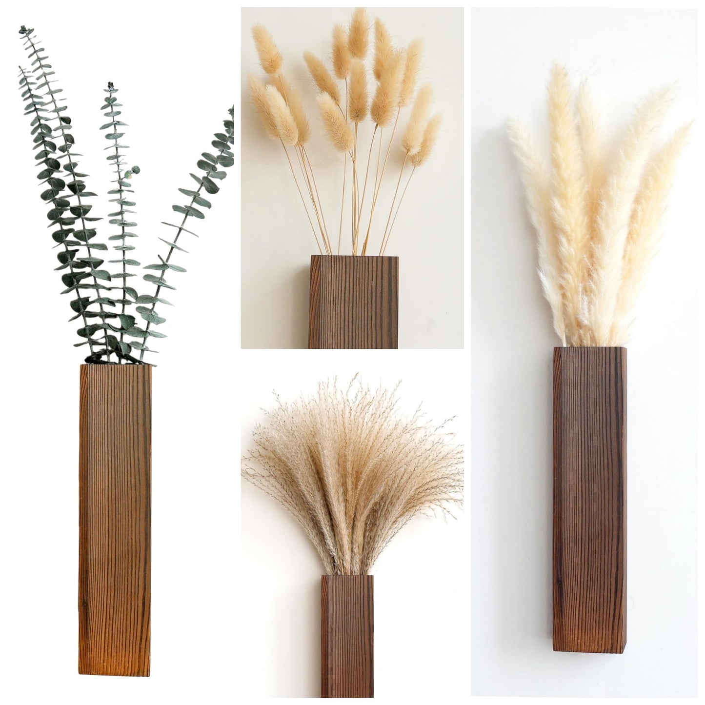 Wall Vase Set of 4 – Wooden Hanging Vases with Pampas Grass & Eucalyptus Dried Flowers – Modern Farmhouse Home Decor for Living Room, Entryway, Bathroom, Hallway & Dining Room