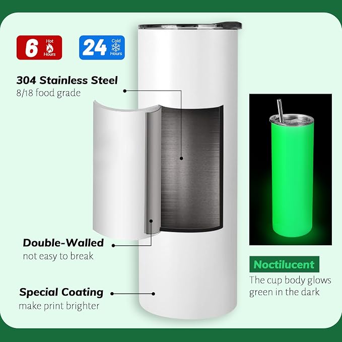 Joyclub 8 Pack Sublimation Tumblers Glow in the Dark 20 oz Bulk Blank Tumblers Skinny Straight Flat Bottom Cups White with Lid and Straw