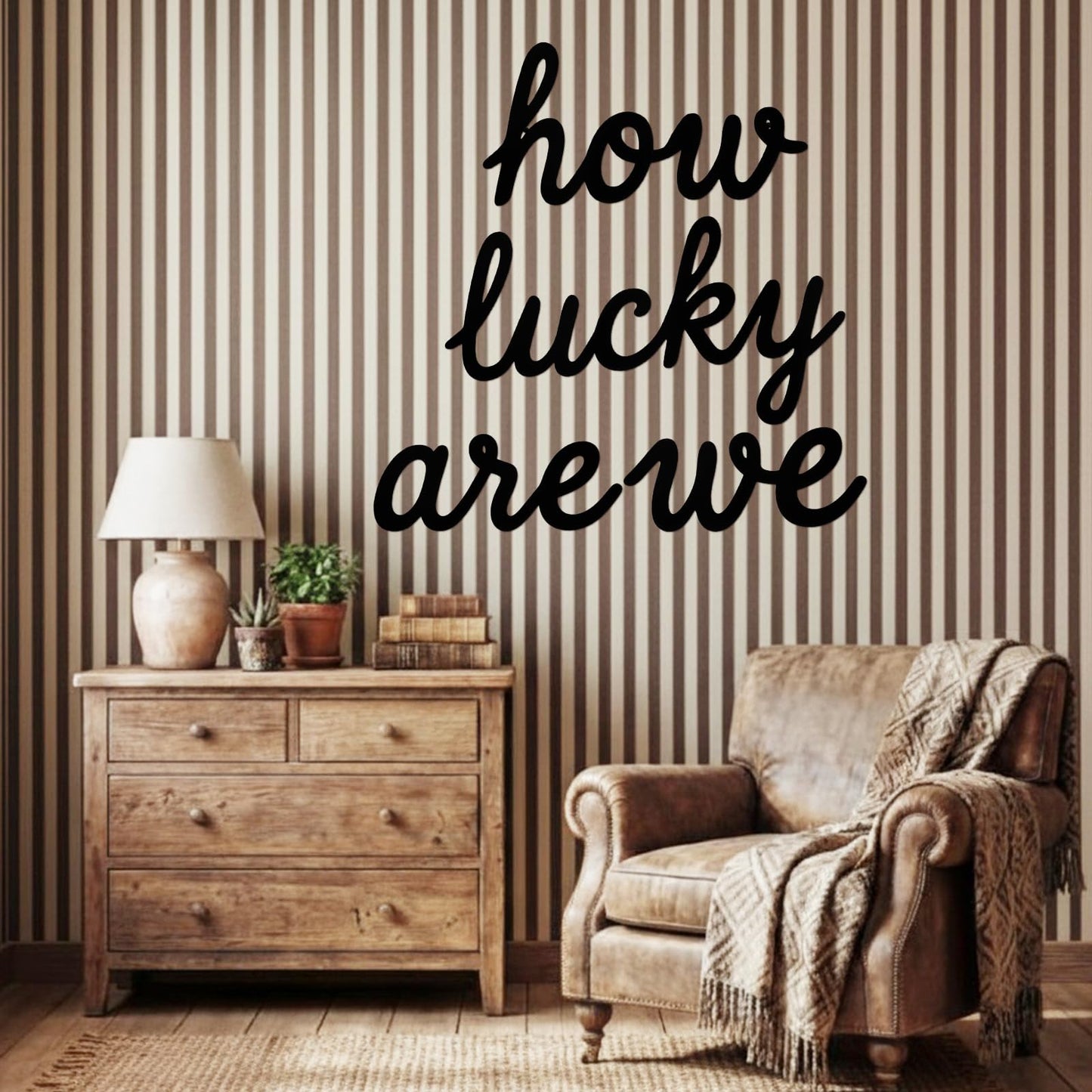 Pelopy How Lucky Are We Metal Wall Art Decor Black Minimalist Metal Sign Home Decor Letter Sign Blessed Letter Wall Art for Living Room Hallway Entryway Farmhouse Family Gifts