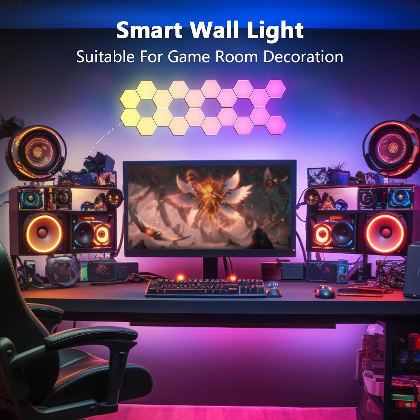 Amailtom Hexagon LED Lights Sync with Music, Hexagon Gaming Wall Lights App and Remote Control, 16 Million Colors Modular Light Panels DIY Geometry Splicing for Gaming Room Bedroom, 7 Pack
