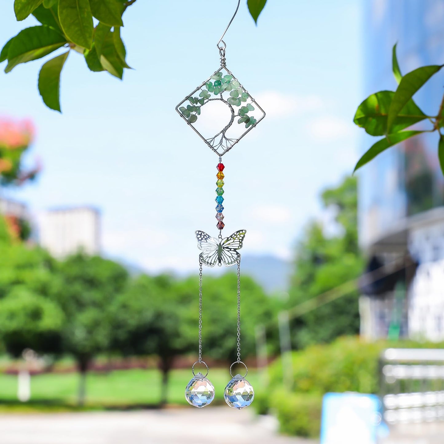 Crystal Suncatchers Butterfly Prism Green Tree of Life Ornament, Clear Prisms Ball for Windows Wall Home Wedding Hanging Decor
