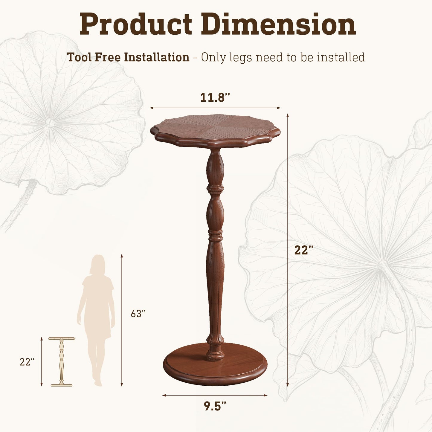 STO'SENSE Round Side Table, Drink Table for Small Spaces,Modern Accent Nightstand w/Solid Wood Leg,Mid-Century Pedestal Sofa Table w/Classic Sculpted Design for Living Room,Tool-Free Assembly,Walnut