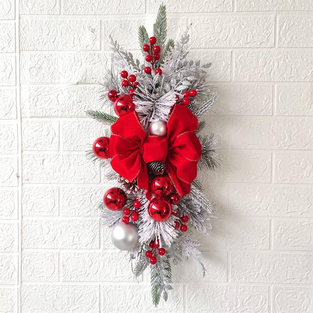 2025 Cordless Christmas Swags Prelit Teardrop Swag Christmas Staircase Decorations Artificial Stairs Christmas Garland with Lights Rustic Christmas Swag for Front Door Wall Window Stair Home Decor (A)