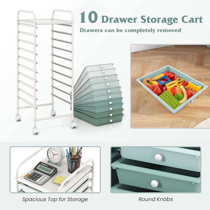 Giantex 10-Drawer Rolling Storage Cart w/Wheels, Handle, Removable Drawers, Mobile Organizer Storage Unit, Trolley Utility Cart for Home Kitchen Living Room Office Play Room, Green Gradient