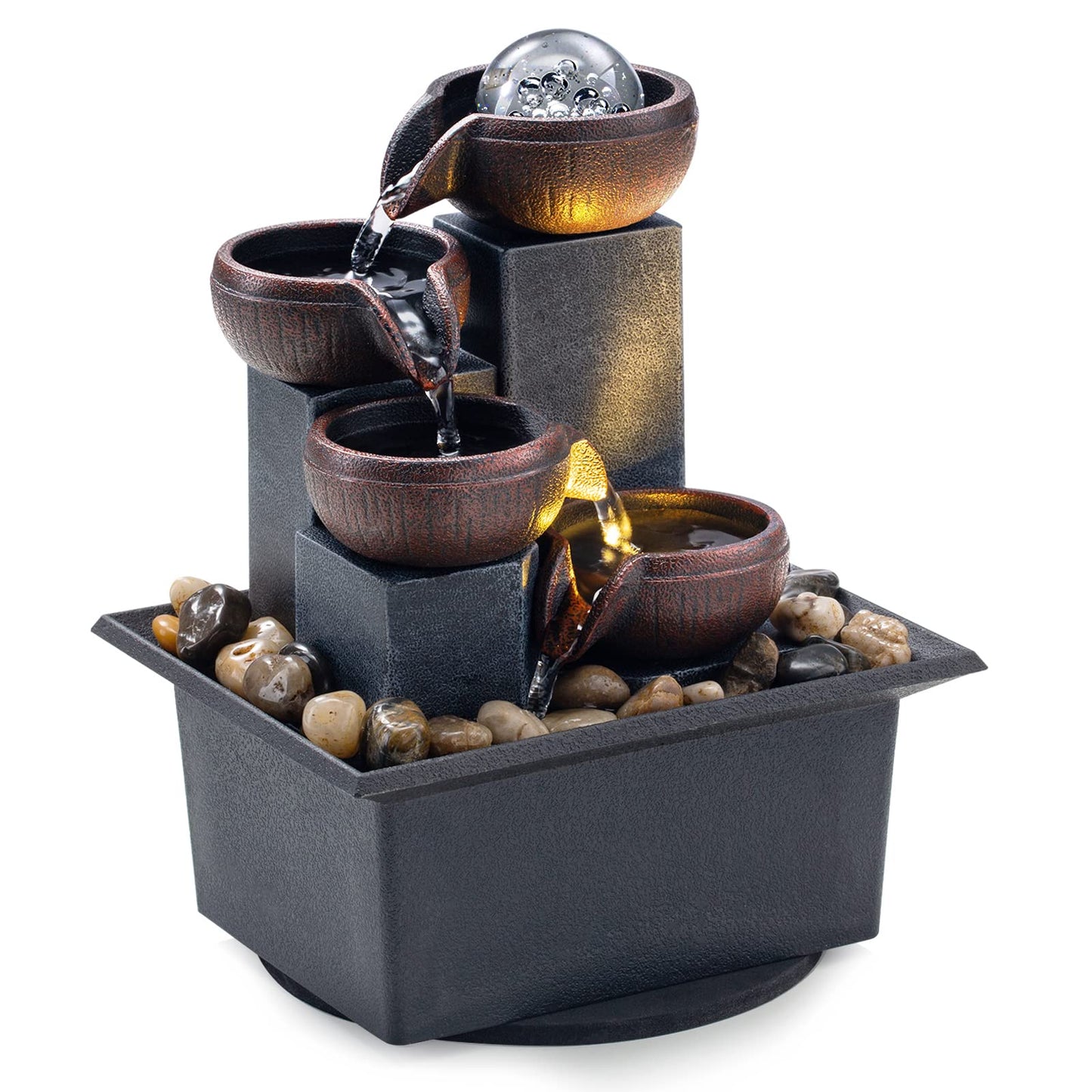 Tabletop Fountain 4 Level Tabletop Waterfall Indoor Meditation Fountain Office Home Relax Desktop Waterfall Includes Many Natural River Rocks LED Lights Bubble Ball Great Choice as Festival Gifts