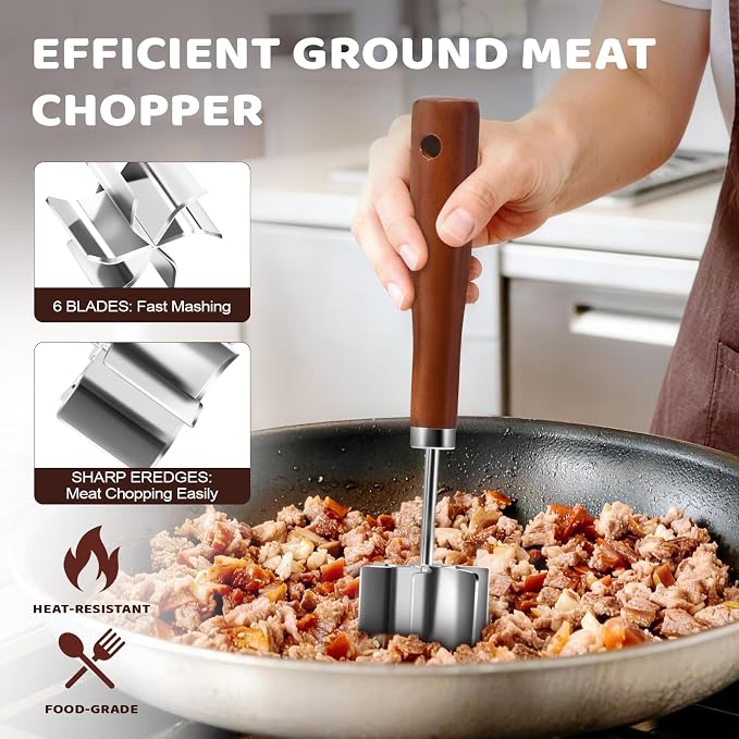 Stainless Steel Meat Chopper Masher, 6 Blade Ground Beef Chopper Potato Masher Tool with Wooden Handle, Hamburger Smasher, Multi-Use Kitchen Tool for Home Cooking, Heat Resistant (1 Pack)