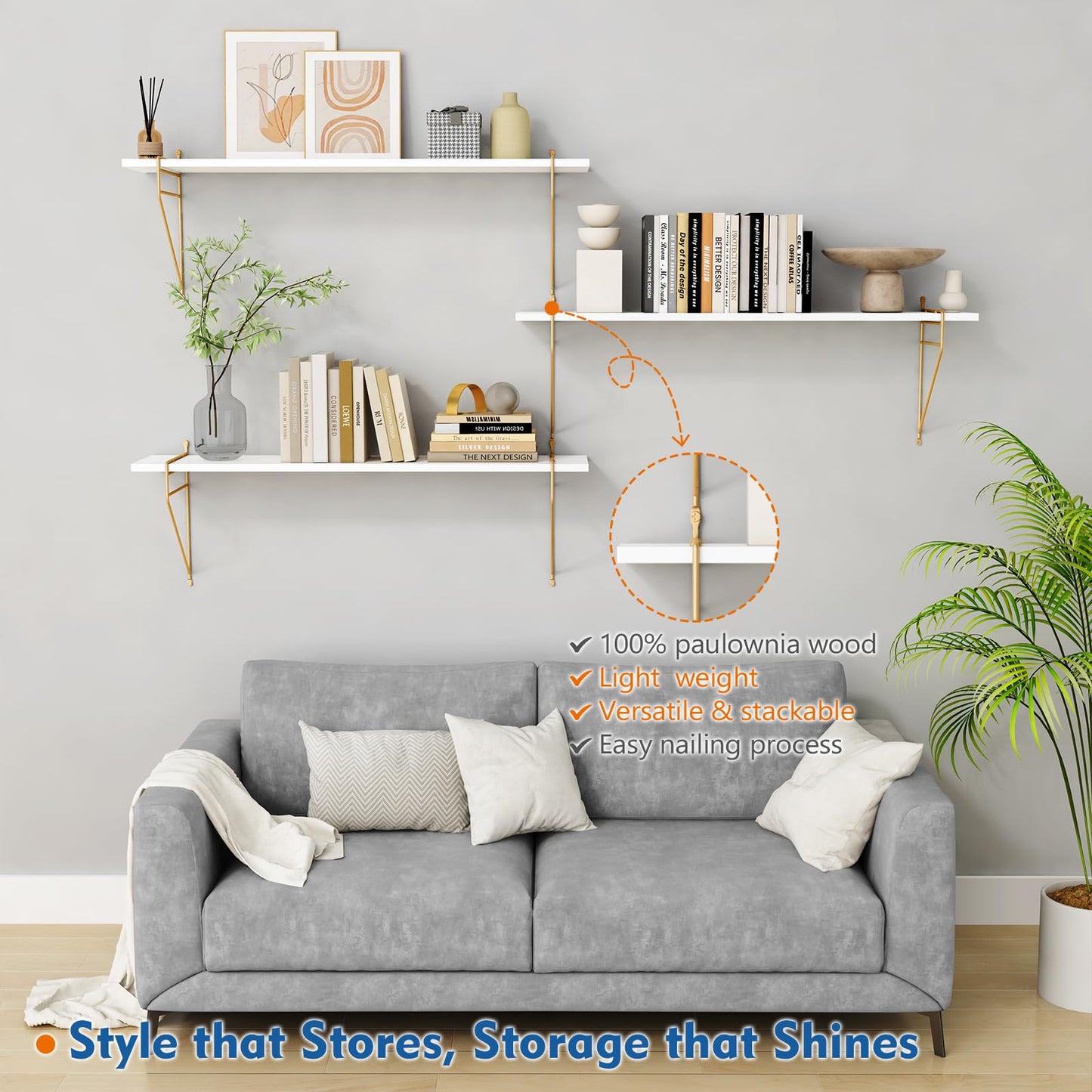 Harwaya White and Gold Floating Shelves 36 Inch Long, Wall Shelves for Bedroom Books, Modern Wall Hanging Bookshelf Unit for Living Room Office Kitchen Bathroom Decor - Set of 3