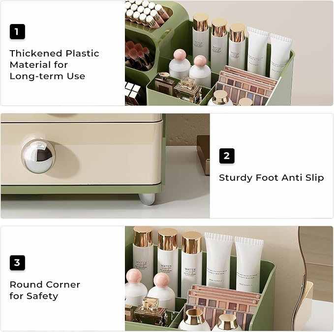 UFORU Makeup Organizer for Vanity with Brush Holder, Large Capacity Bathroom Countertop Skincare Organizer with 2 Drawers, Cosmetic Display Case for Perfumes, Eyeshadow Palettes, Nail Polishes