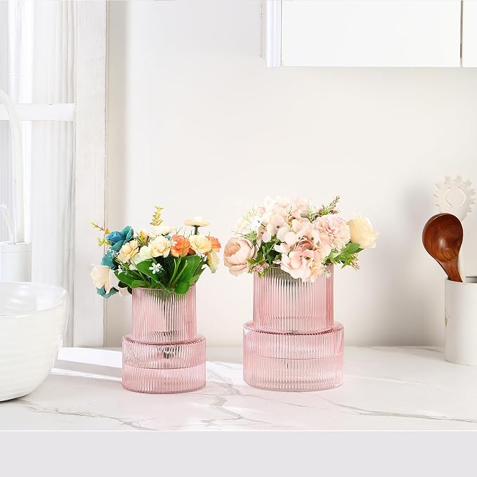 Ribbed Glass Vases for Bouquet, Set of 2 Pink Vases for Flowers, Pink Glass Vase for Tulips, Modern Vase for Living Room, Office, Coffe Table, Dining Table, Shelf, Wedding