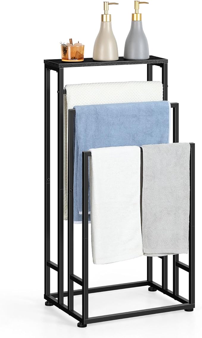 Freestanding Towel Rack for Bathroom 3 Tier Metal Floor Towel Stand Industrial Blanket Ladder Holder with Storage Shelf for Bedroom Living Room, Black