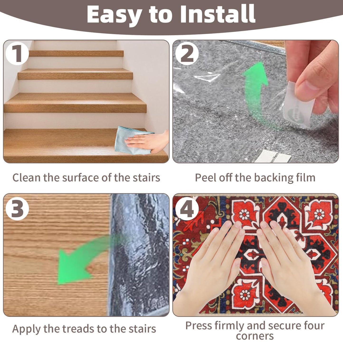 Stair Treads Non Slip 15 Pack 8" X 30" Stair Treads for Wooden Steps, Washable Self Adhesive Stair Runners Stain Resistant Stair Carpet, Edging Staircase for Kids Elders and Dogs (Style 1)