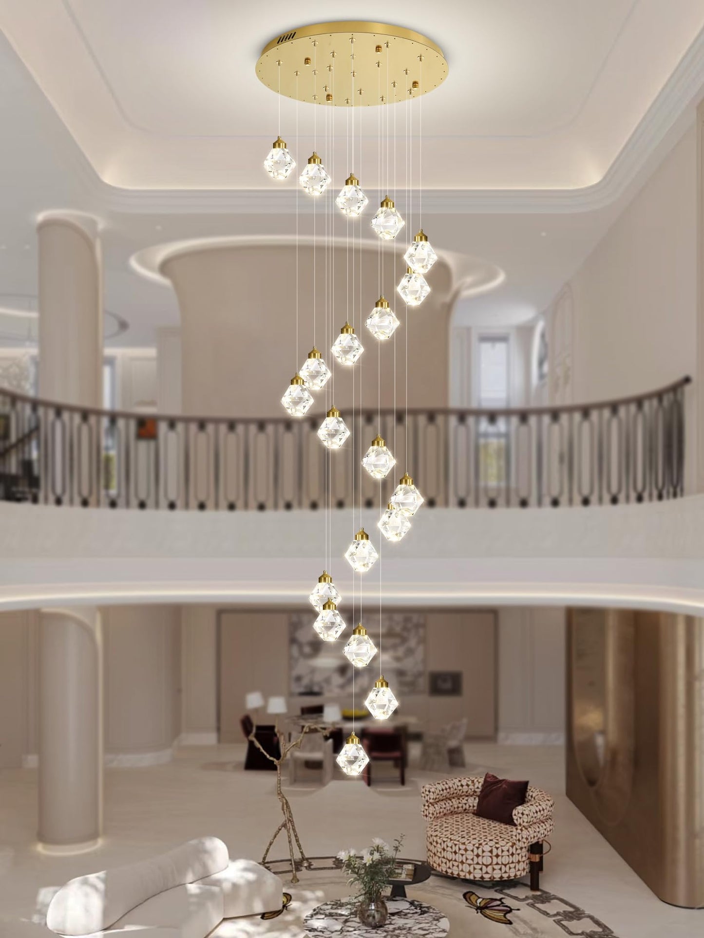 Shial Lighting 20-Light Modern Chandelier for Foyer Crystal Chandeliers for Living Room Gold Pendant Light Fixture Staircase Chandelier for High Ceilings Dimmable LED Hanging Light with Remote