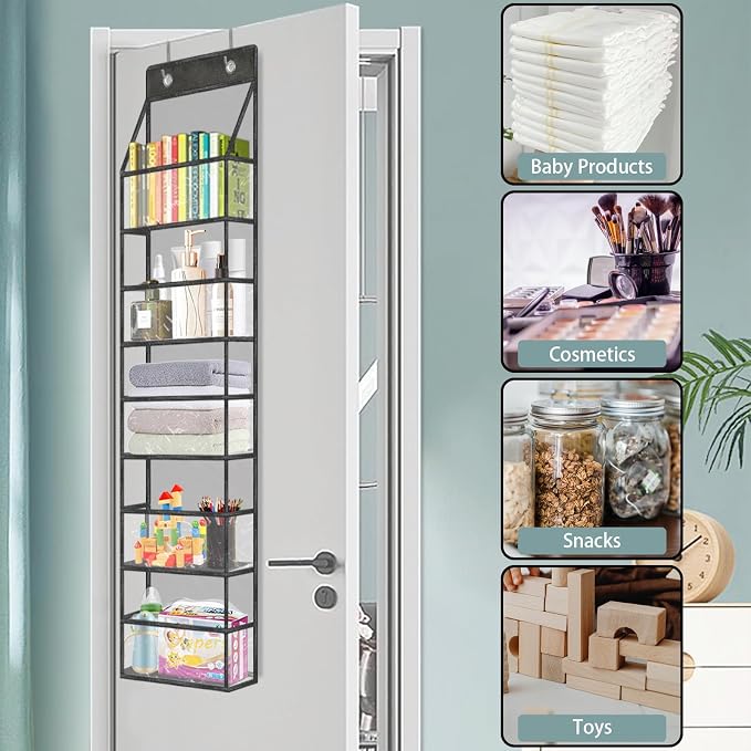 5-Shelf Over The Door Pantry Organizer with Clear Pockets, Heavy Duty Hanging Storage for Closet, Bedroom, Bathroom, and Nursery (Black, Holds up to 28 lbs)