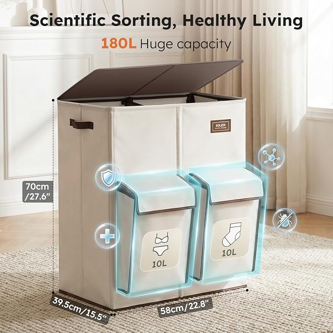SOLEDI Double Laundry Hamper with Lid, 47.8 Gal (180L) Large Laundr Basket 2 Section with 2 Side Pockets, Dirty Clothes Hamper with Removable Bag, Easy to Carry for Laundry Room, Bedroom, Beige