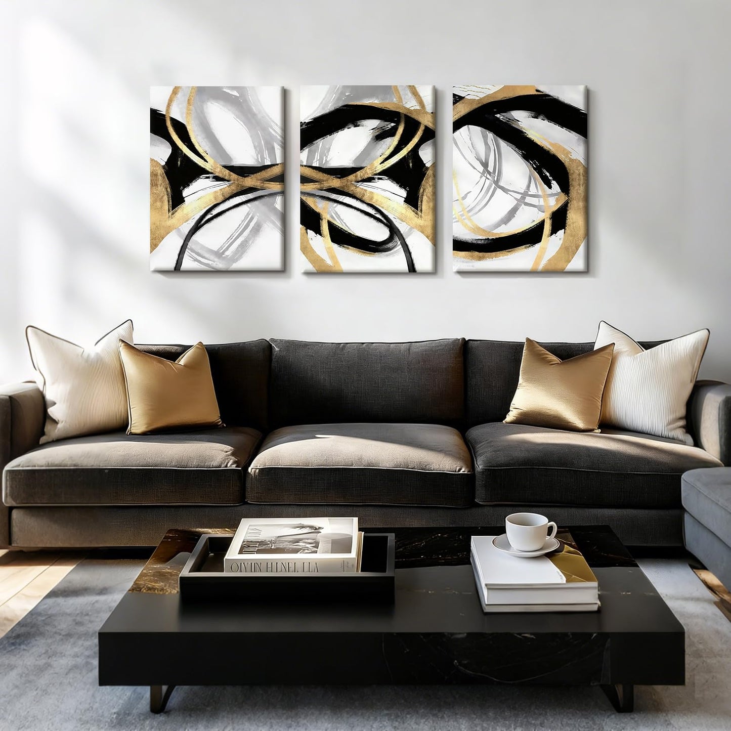 LYYGLYY 3Pcs Framed Black and Gold Canvas Wall Art for Living Room, Abstract Black and Gold Poster Print Wall Decor, Modern Minimalist Line Artwork for Office, Home, 12x16 Inches