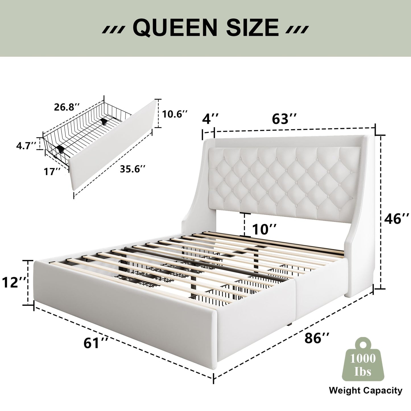 Feonase Upholstered Queen Size Bed Frame with 4 Storage Drawers, Charging Station, Tufted Wingback Storage Headboard, No Box Spring Needed, Easy Assembly, White