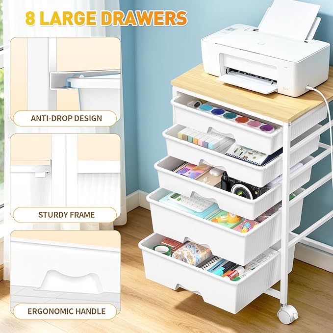 SUNALLY Rolling Carts With 5 Drawers, Storage Drawer Carts with Wooden Tabletop and 2 Lockable Wheels, Rolling Utility Cart for Craft Art Supply Storage & Home Office Organization, White