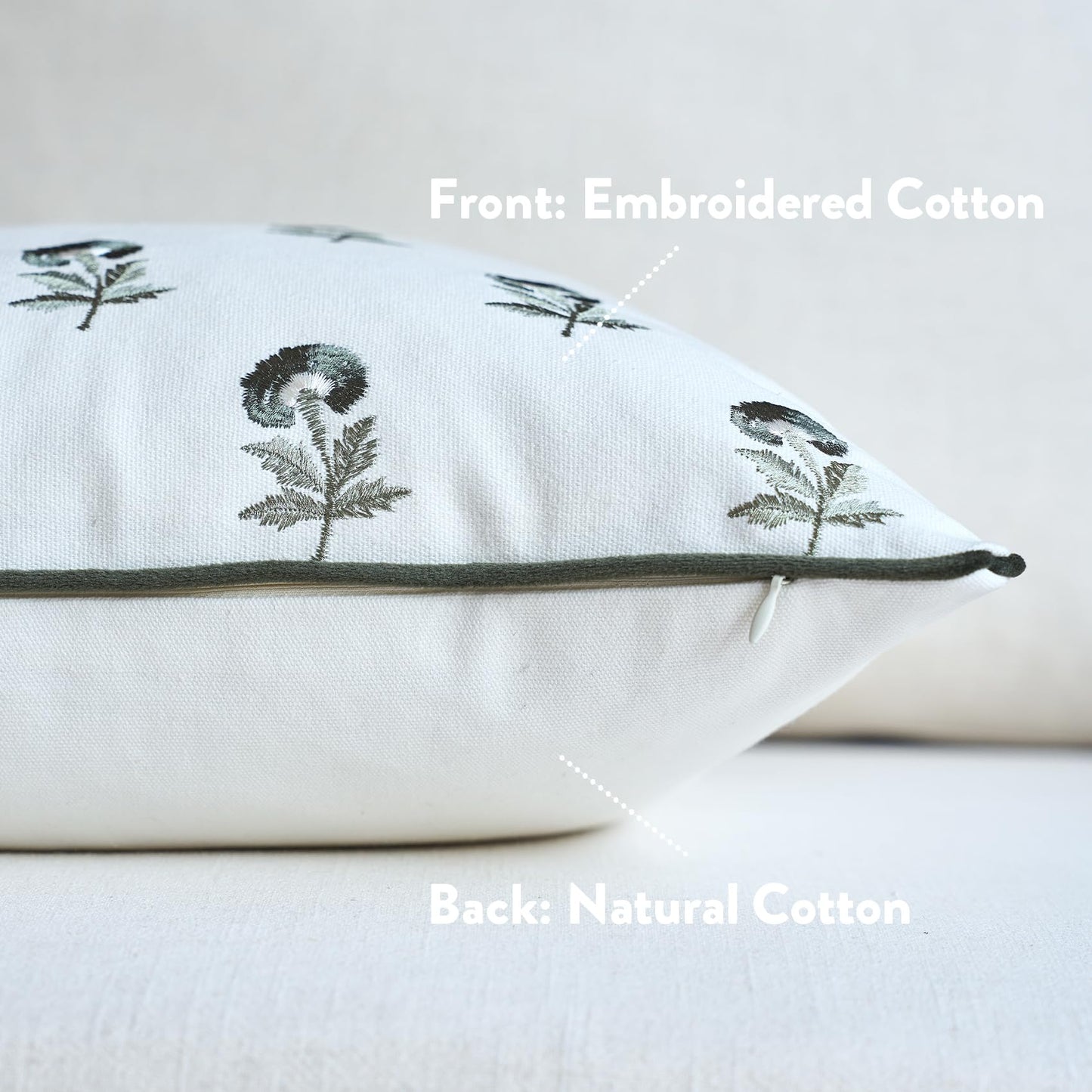 FIOUOVO Embroidered Floral Pillow Covers 18x 18 Set of 2 Cotton Farmhouse Throw Pillow Covers with Piping Edge Decorative Cushion Covers for Sofa Couch Bedroom Living Room, Olive Green