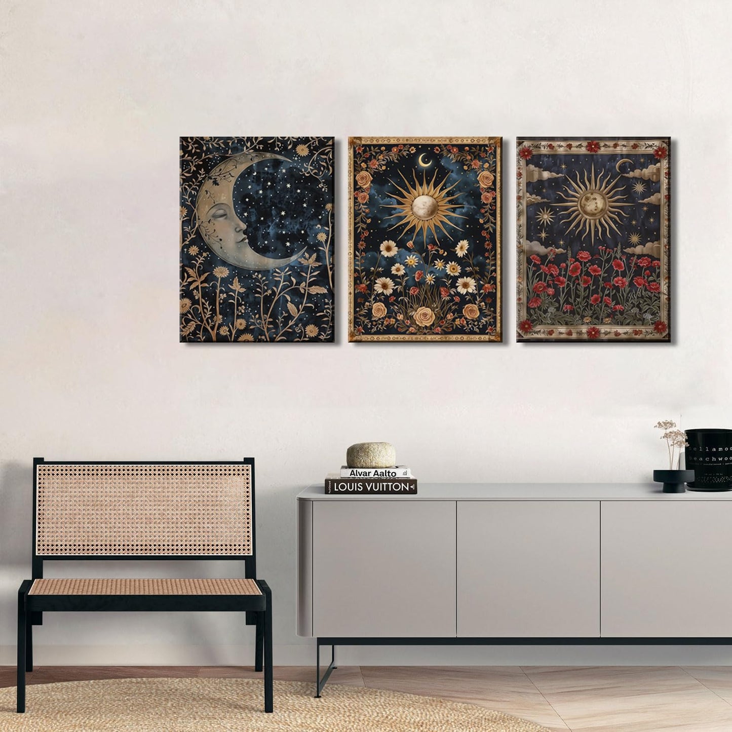 Dark Sun and Moon Celestial Wall Art Spiritual Gothic Tarot Wall Decor Painting Witchy Astrology Mystical Poster Canvas Prints Artwork for Bedroom Living Room 12x16 inch Framed