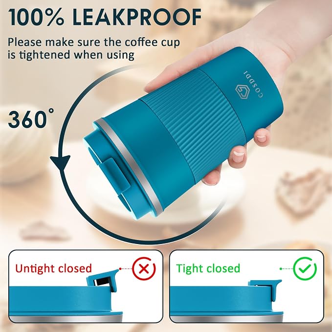 CS COSDDI Stainless Steel Travel Mug 12oz - Vacuum Insulated Coffee Travel Mug Spill Proof with Leakproof Lid - Double Walled Reusable Tumbler Cups for Keep Hot/Ice Coffee,Tea and Beer(Aquamarine)