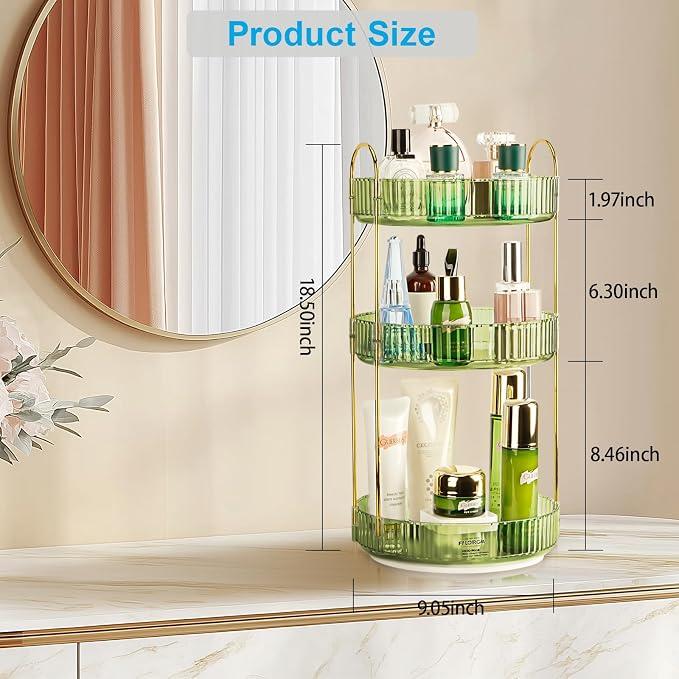 360 Rotating Makeup Organizer - Large Capacity Spinning Perfume & Cosmetic Skincare Holder for Vanity & Countertop (Gem Green, 3 Tier)