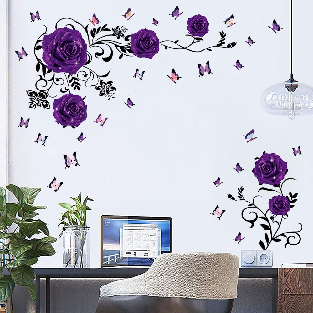 Supzone Purple Rose Wall Stickers Rose Flower Vine Wall Decal Purple Peony Floral Wall Decor DIY Vinyl Mural Art for Bedroom Living Room Sofa Backdrop
