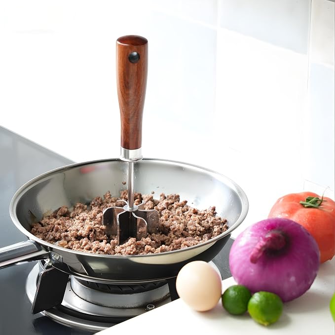 Stainless Steel Meat Chopper & Masher - Heavy Duty 6 Curve Blades Ground Beef Chopper Tool with Wooden Handle, Heat Resistant Meat Masher, Hamburger Smasher & Multi-Use Kitchen Tool