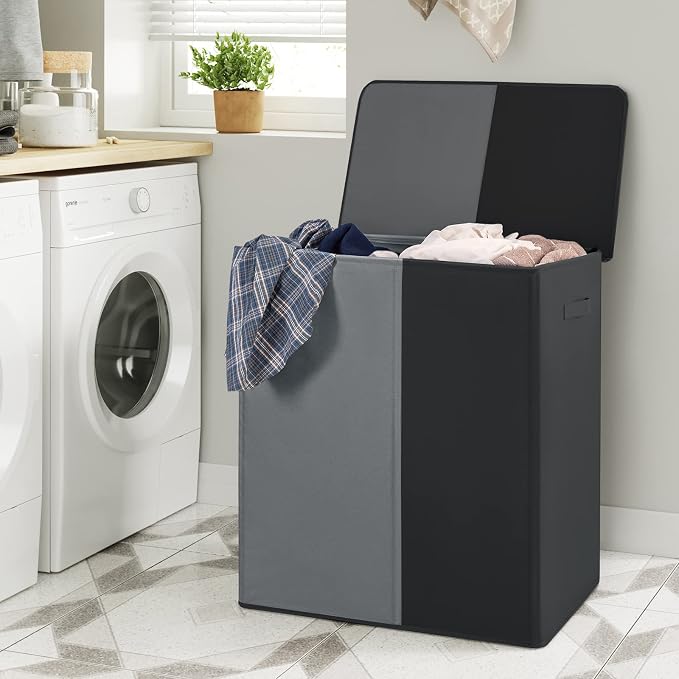 WOWLIVE Double Laundry Baseket with Lid and Removable Laundry Bags,154L Large Laundry Hamper 2 Section Collapsible Dirty Clothes Hamper for Laundry Room,College Dorm,Bathroom, Black and Grey