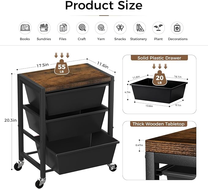 Rolling Cart with 3 Drawers, Plastic Drawer Storage Carts with Lockable Wheels & Wooden Tabletop, Metal Art Craft Utility Cart Organizer for Home Office Bedroom Dorm Bedside Classroom, Dark Black