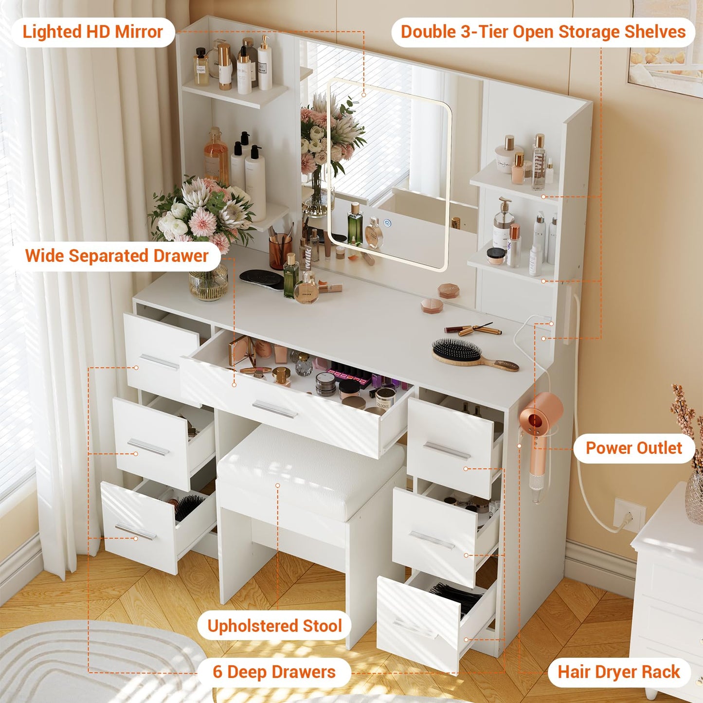 GarveeLife 7-Drawer Vanity Desk with Lights and Mirror – White Makeup Vanity Set with Power Outlets & USB, 3 Color LED Modes & Dimmable, Includes Hair Dryer Holder & Cushioned Stool for Bedroom, White