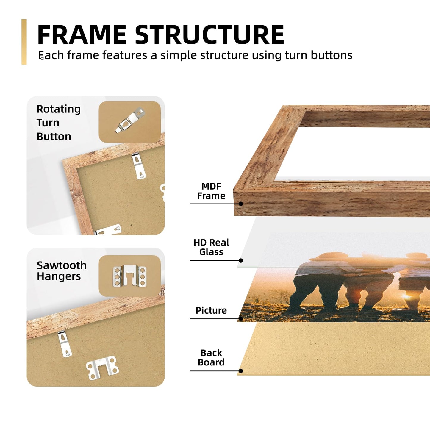 iRahmen Collage Picture Frames Set of 10, Wall Decor for Mounting or Tabletop Display, Family Photo Gallery Frame Set - Multi Sizes Including Two 8x10, Four 5x7, Four 4x6, HD Glass, Rustic Wood