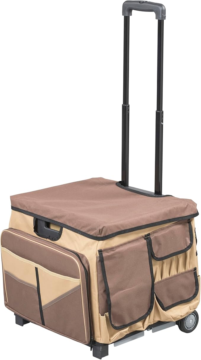 Mobile Folding Utility Cart with Canvas Storage Organizer Bag, Rolling Cart, Chocolate/Sand