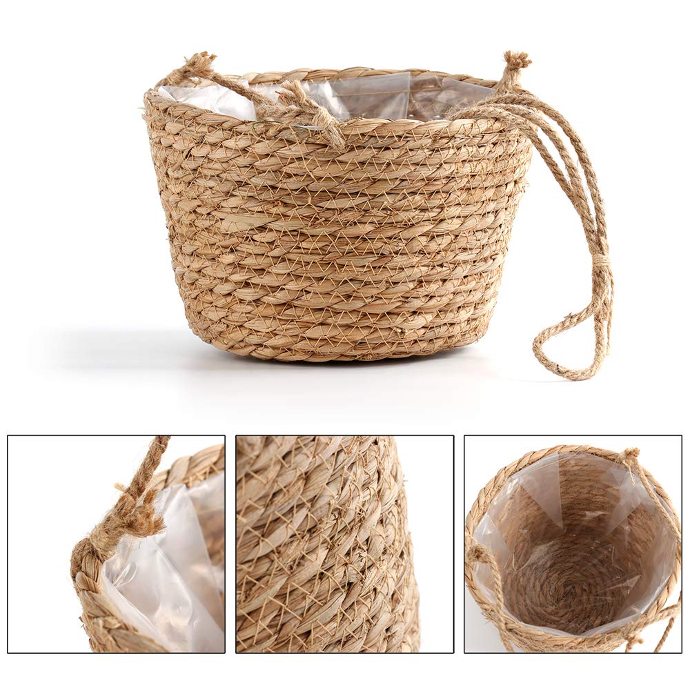 RXMORI Jute Rope Hanging Planter Basket, Rattan Woven Plant Hanger with Plastic Liner Macrame Plant Holder Storage Organizer for Plants Indoor Outdoor(Brown)