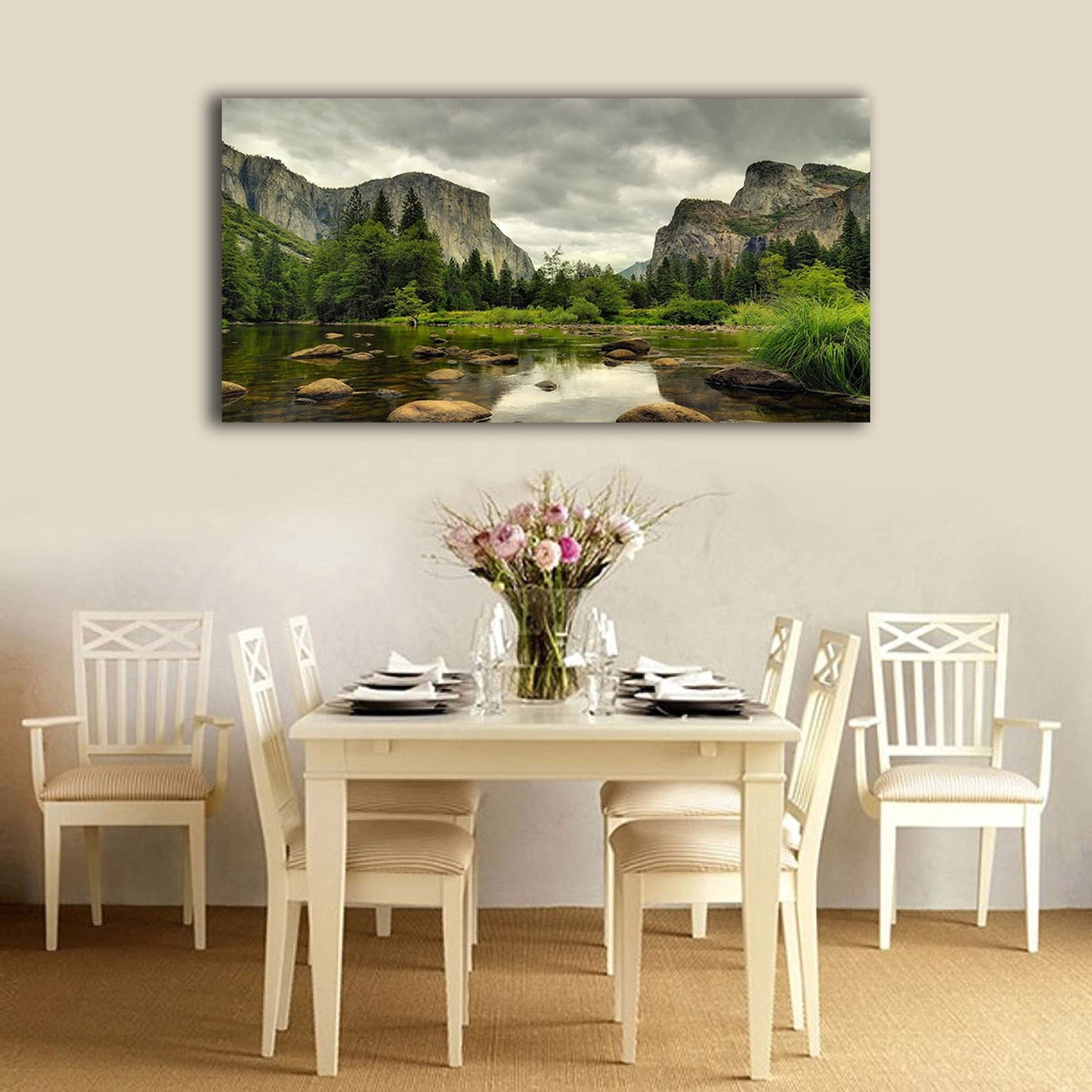 Yosemite Canvas Wall Art Green Mountain Clear Water Nature Pictures Wall Decor Yosemite National Park Scenery Canvas Painting Modern Forest Stream Landscape Canvas Print Artwork for Wall Decoration