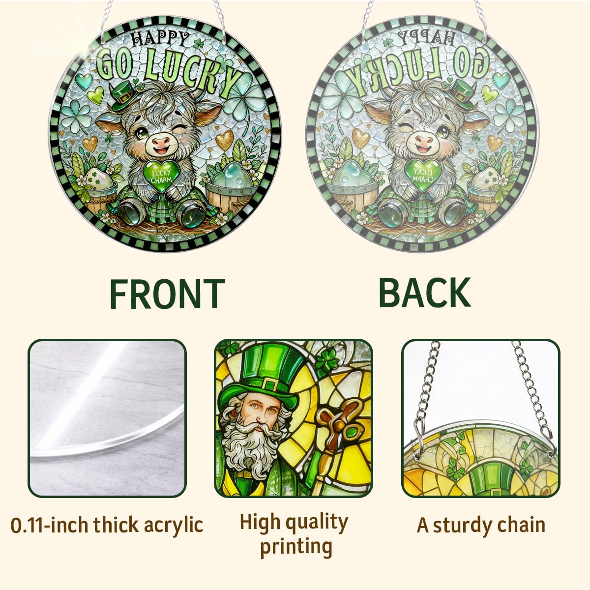Lucky Charm Highland Cow Decor, Go Lucky Shamrock Acrylic Hanging, St. Patrick’s Day Irish Home Decoration Indoor Outdoor, Sweet Gift for Family Friends