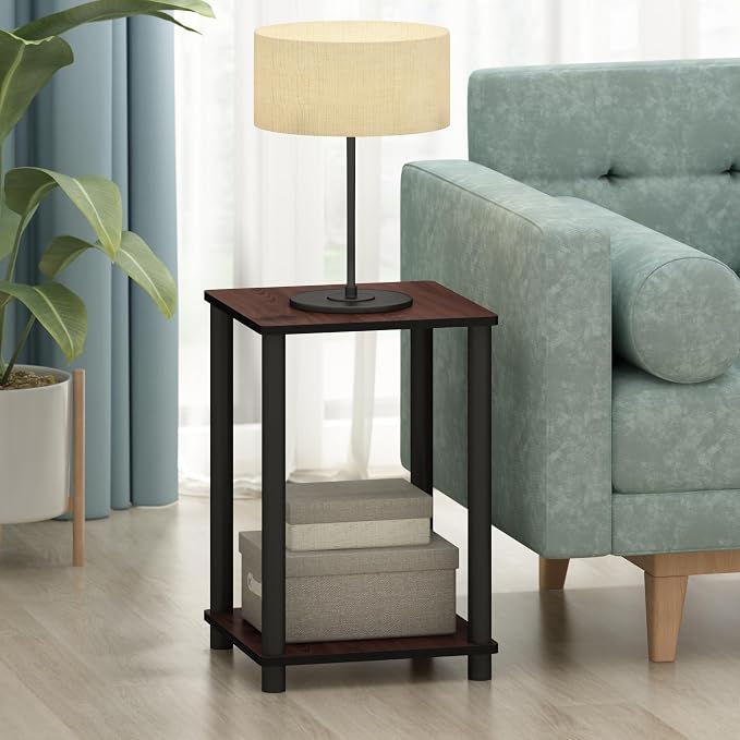 Furinno Turn-N-Tube Toolless Assembly Side Table Set of 2, Stackable 2-Tier Brown End Table with Open Shelf, Night Stand, Bedside Table, for Living Room, Bedroom, Cherry Oak
