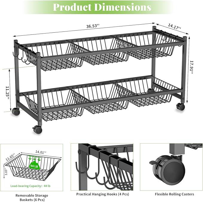 2-Tier Rolling Pantry Cart on Wheels with 6 Removable Baskets, Sturdy Pantry Floor Organizer and Storage, Kitchen Storage Cart for Fruit Vegetables, Snack Organizer for Pantry Kitchen Living Room
