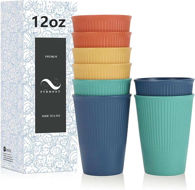 PYRMONT Wheat Straw Cups 12 Oz Alternative Plastic Cups Set of 8 Unbreakable Water Cups for Kitchen Dishwasher & Microwave Safe Drinking Cups for Iced Tea,Juice-Colorful
