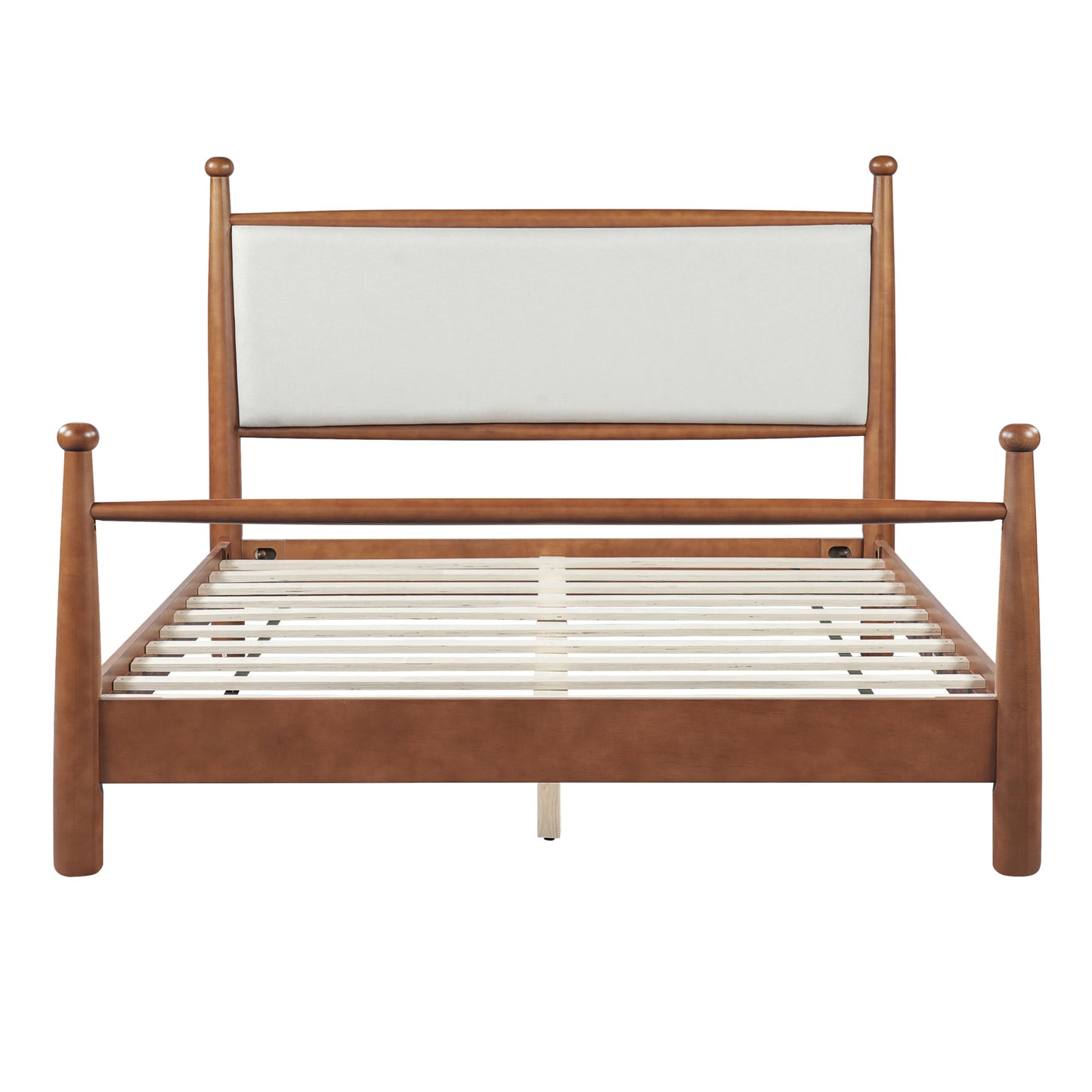 Merax Modern Queen Size Solid Wood Platform Bed with Upholstered Headboard, Mid-Century Low Bed Frame with Sturdy Wood Legs/No Box Spring Needed/Easy Assembly, Beige+Walnut