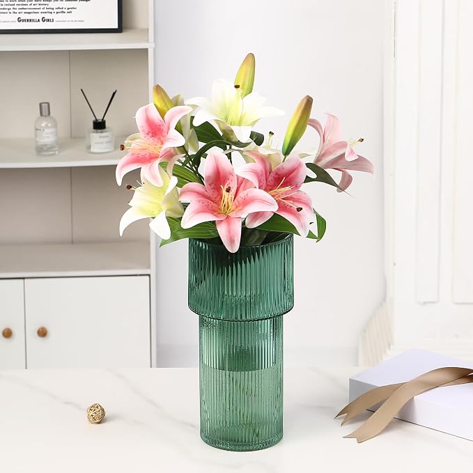 Large Glass Vase, 12 Inches Tall Vase for Flowers, Green Flower Vases for Bouquet, Modern Green Glass Vases for Living Room, Dining Table, Office, Entryway, Mantle, Shelf, Wedding Gifts
