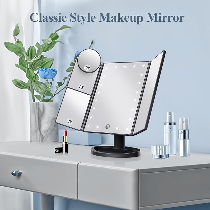 HUONUL Makeup Mirror, Vanity Mirror with Lights, 2X/3X/10X Magnification, Touch Control, Trifold, Dual Power Supply, Birthday Gifts for Women, Wife, Mom, Girls,Dorm Room Essentials