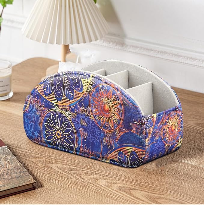 TV Remote Control Holder with 5 Compartments,Pu Leather Remote Caddy/Box/Tray Bedside Table Desk Storage Organizer for DVD, Blu-Ray, Media Player, Heater Controllers and Cosmetics Office Supplies