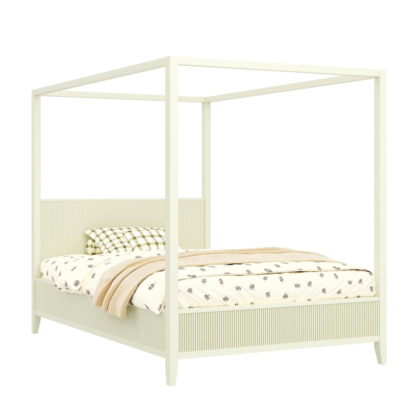 Merax Modern Luxury Queen Size Wooden Canopy Bed Frame with Headboard, Slats Support, Wood 4 Poster Bed Frame, No Box Spring Needed, Contemporary Bedroom Furniture, Beige