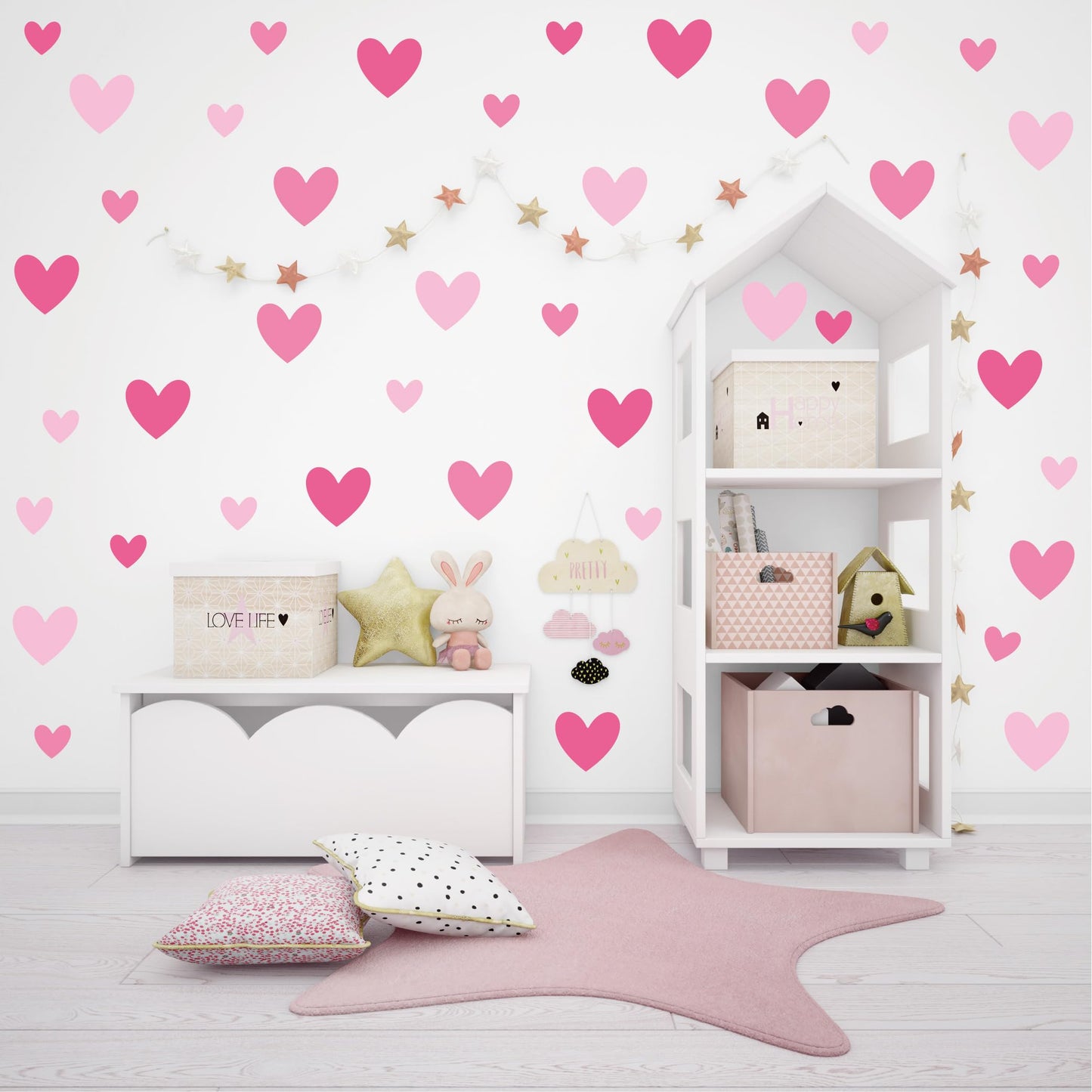 AOWDIAO 170 Pcs Heart Wall Decals - Peel and Stick Pink Decor for Girl Bedroom, Nursery, Playroom Decoration