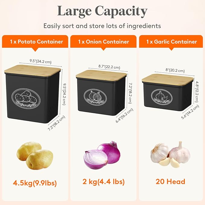 Lifewit Plastic Potato and Onion Storage Bin, Stackable Garlic Keeper with Aerating Holes and Lid, Vegetable Container Box for Pantry Countertop, Black, 24 x 18 x 24 cm/9.5 x 7 x 9.5 inch, Set of 3