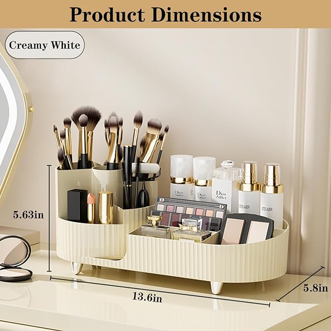 Rotating Makeup Organizer for Vanity with Brush Holder, Cosmetic Makeup Storage Organizer, Large Spinning Makeup Skincare Organizer, Countertop Makeup Perfume Organizer, Lotions Display Case Ivory