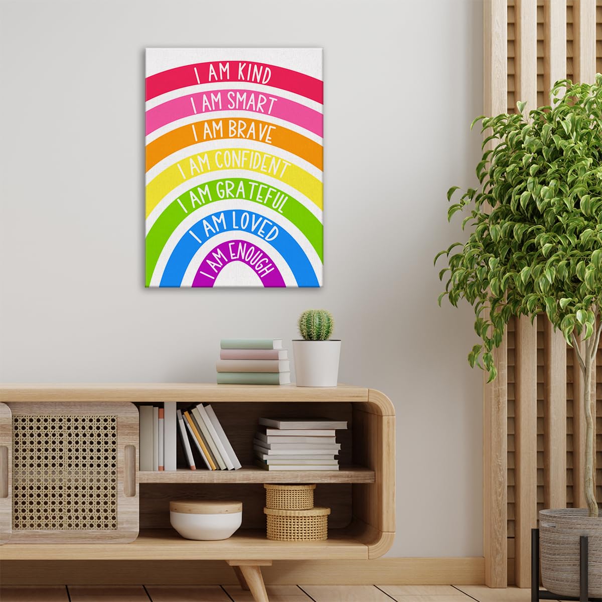 Rainbow Kids Affirmations Wall Art Canvas Painting Print Framed I Am Kind Smart Loved Artwork Canvas Sign for Nursery Decor (12x15 Inch)