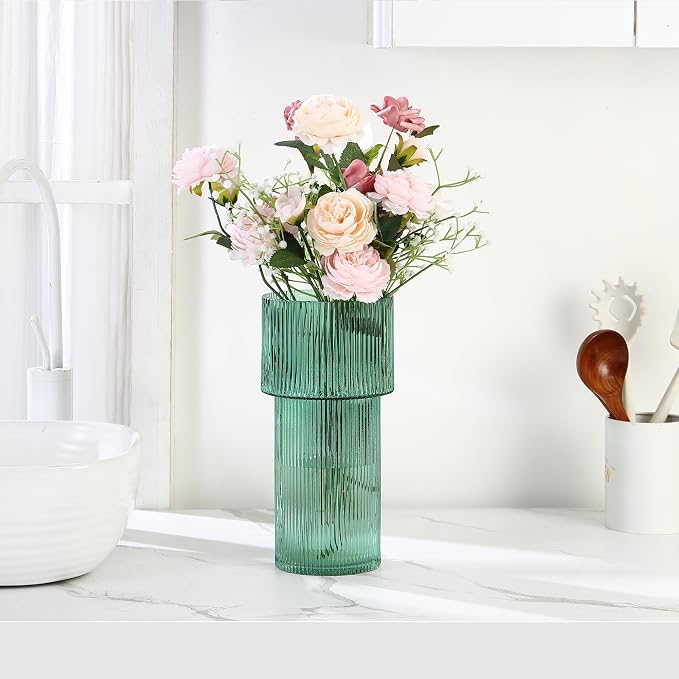 Large Glass Vase, 12 Inches Tall Vase for Flowers, Green Flower Vases for Bouquet, Modern Green Glass Vases for Living Room, Dining Table, Office, Entryway, Mantle, Shelf, Wedding Gifts