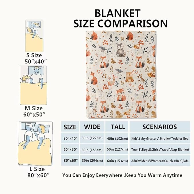 Cute Woodland Animal Blanket,Cartoon Fox, Owl, and Deer Throw Blankets,Gifts for Kids & Animal Lovers,Lightweight Soft Fleece,for Picnic Sofa Couch Bed Room Travel,Birthday Decor,50x60in