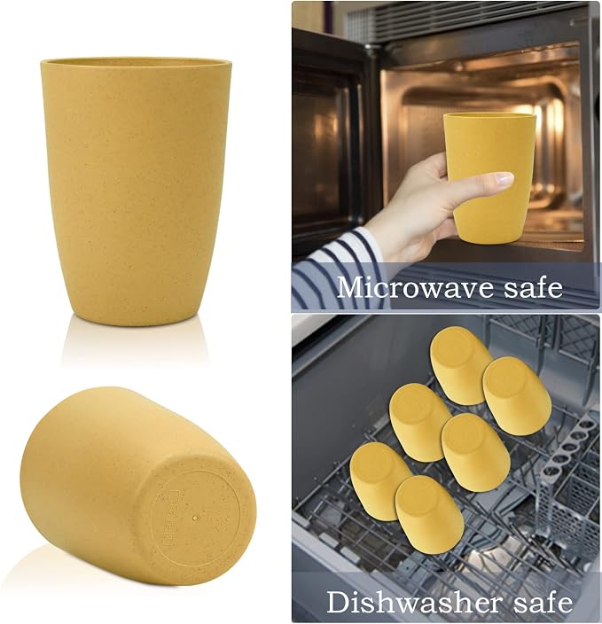Wrova Wheat Straw Cups 6 PCS Good Alternative to Plastic Reusable Cups 12 oz Unbreakable Drinking Cup Reusable Dishwasher Safe Water Plastic Glasses Yellow